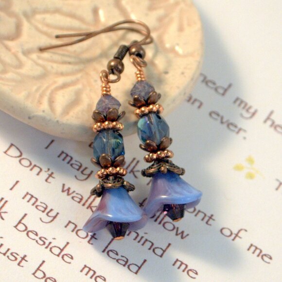 Copper Floral Earrings Boho Chic Czech Earrings  Pierced or Clip-on Earrings - Picture 8 of 10